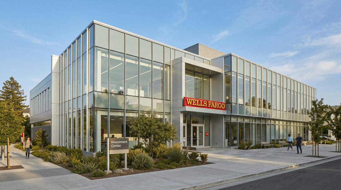 Wells Fargo Investment Center building with glass facade and landscaped surroundings