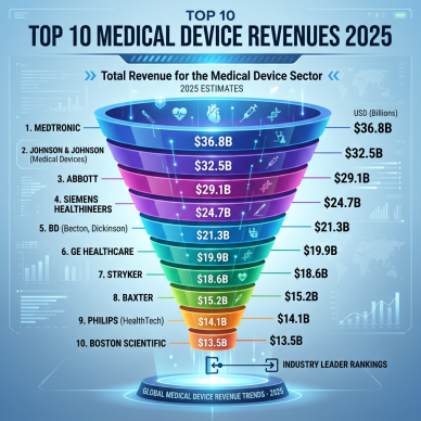 Top 10 medical device companies ranked by 2025 revenue estimates in billions USD from Medtronic to Boston Scientific