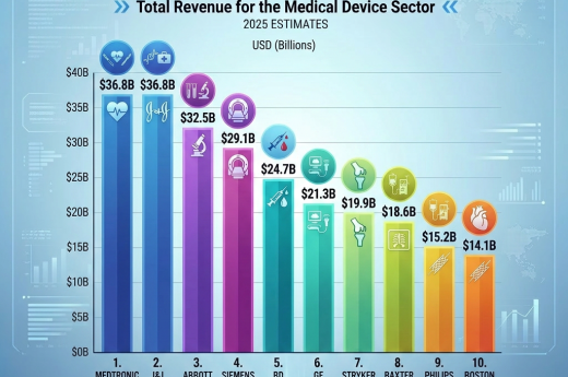 Bar chart showing top 10 medical device company revenues estimated for 2025 in billions USD