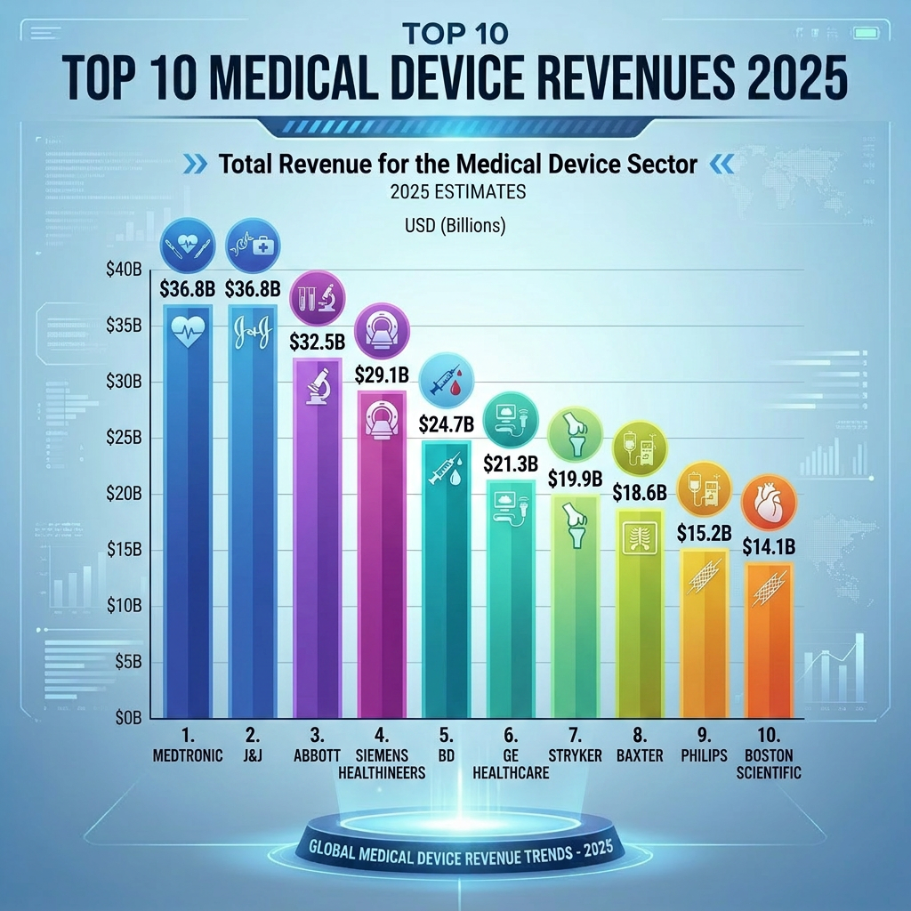 Bar chart showing top 10 medical device company revenues estimated for 2025 in billions USD