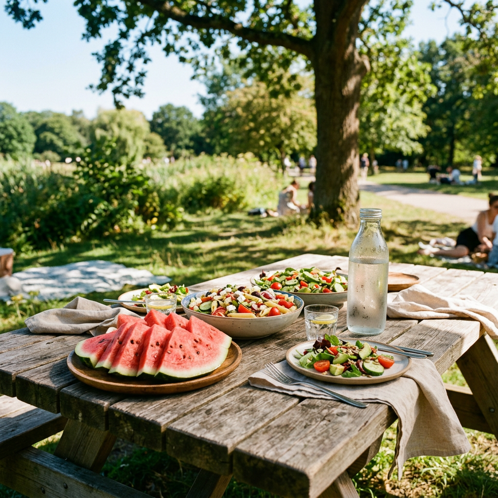 Sunlit picnic table with water bottle, watermelon, salads